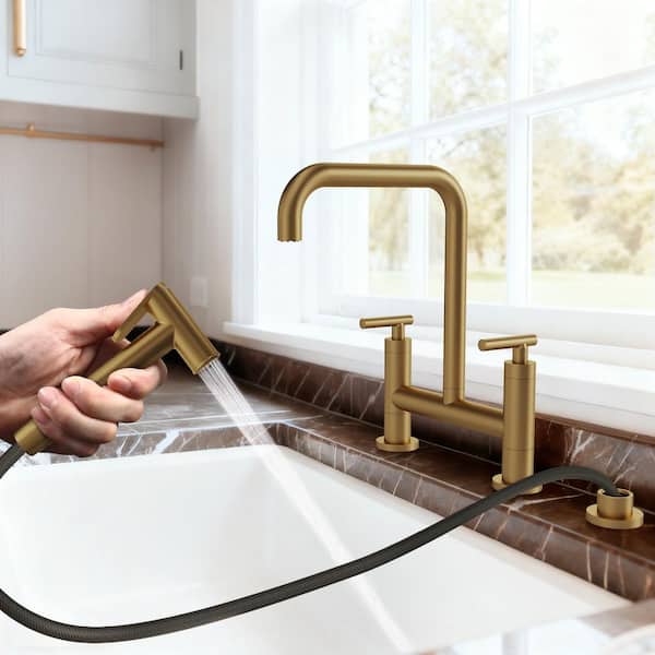 2-Handle Deck Mount Kitchen Faucet 2-Hole Bridge Kitchen Faucet with Side Sprayer in Brushed Gold