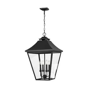 Galena Large 4-Light Black Outdoor Pendant Light with Seeded Glass