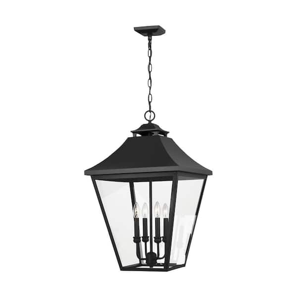 Generation Lighting Galena Large 4-Light Black Outdoor Pendant Light with Seeded Glass