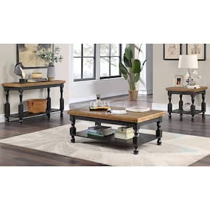 Heavenly 47.5 in. Antique Black and Oak Rectangle Wood Coffee Table Set with Open Shelf (3-Piece)