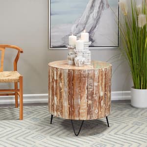 24 in. Brown Handmade Distressed Large Round Wood End Accent Table with Black Metal Hairpin Legs