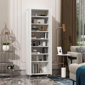 70.9 in. H White Wood Storage Cabinet Bookcase with adjustable Shelves, doors and Wheels