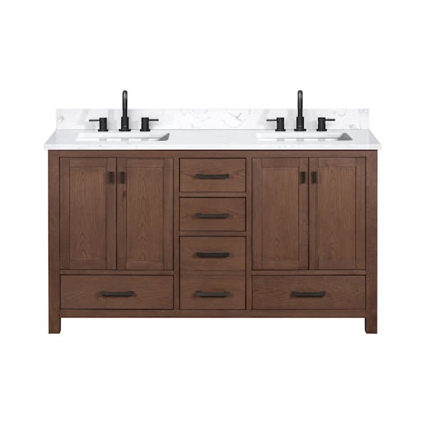 Modero 61 in. Double Sink Mocha Oak Bath Vanity with Cala White Engineered Stone Top