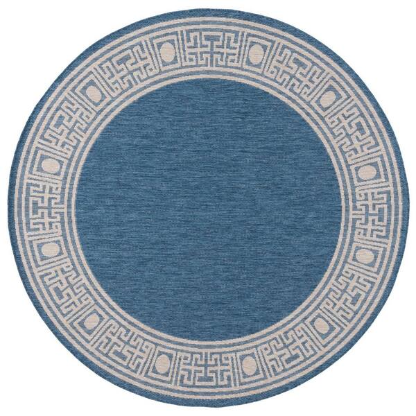 Beach House Blue/Ivory 7 ft. x 7 ft. Meander Border Indoor/Outdoor Round Area Rug