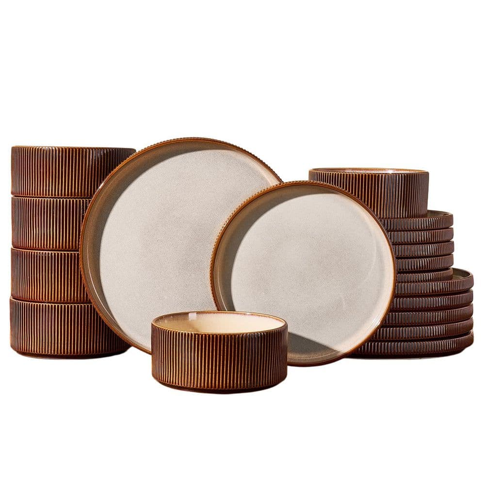 12-Piece Cream Cocoa Brown Stoneware Dinnerware Sets (Service for 4), Handcrafted Double Reactive Glaze Plates and Bowls price history on PriceWatchPro