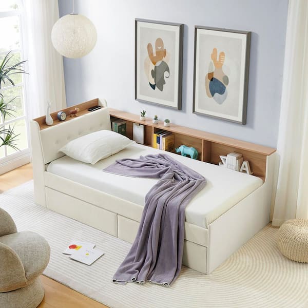 Olive Beige Velvet Upholstery Twin Size Daybed with Storage Headboard, Wireless Charging, 2 Storage Drawers, LED Lights