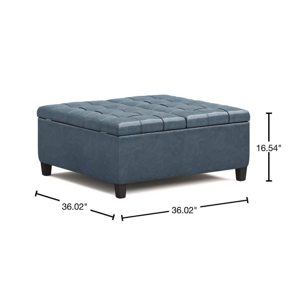 Denim Blue Faux Leather Tufted Cocktail Storage Ottoman, 36 Inch