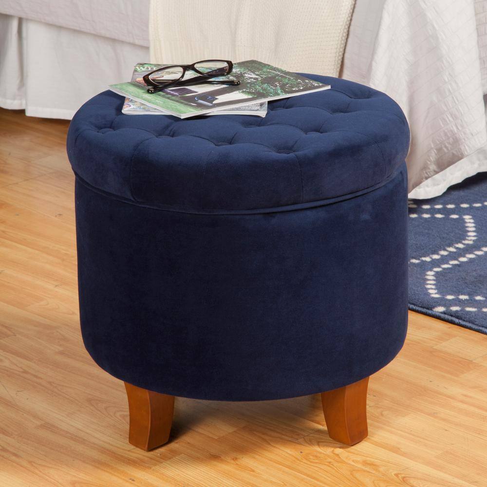 Navy Velvet Round Tufted Ottoman with Rustic Wood Legs