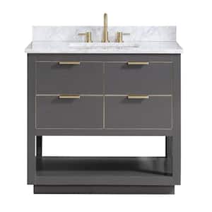 Allie 37 in. W x 22 in. D Bath Vanity in Gray with Gold Trim with Marble Vanity Top in Carrara White with Basin