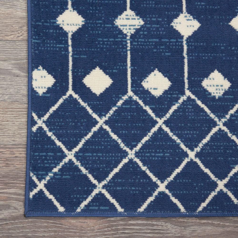 Navy and Ivory Geometric Synthetic Runner Rug