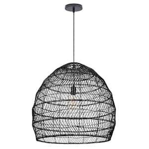 1-Light Black Rattan Pendant Light Dome Shade