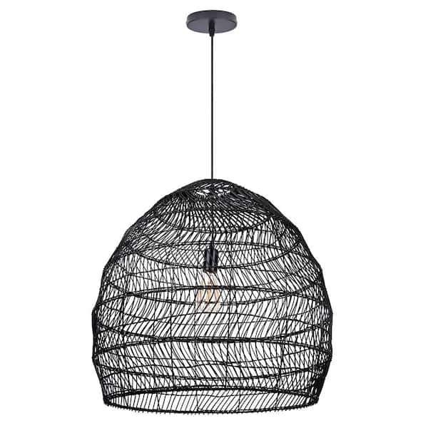 23.62 in. 1-Light Black Wicker Pendant Light Dome Shade