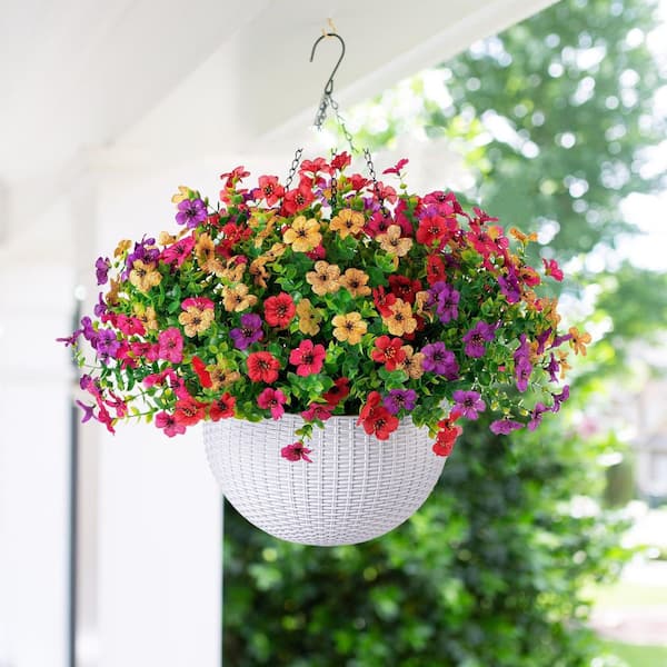 Artificial 12 in. Colorful Mix Plant Branch Faux Hanging Plants Flowers Basket UV Resistant for Outdoor Decoration