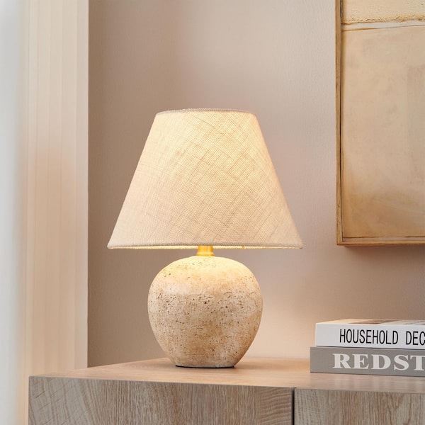 14.5 in. 1-Light Cream Faux Travertine Ceramic Table Lamp with Beige Fabric Shade