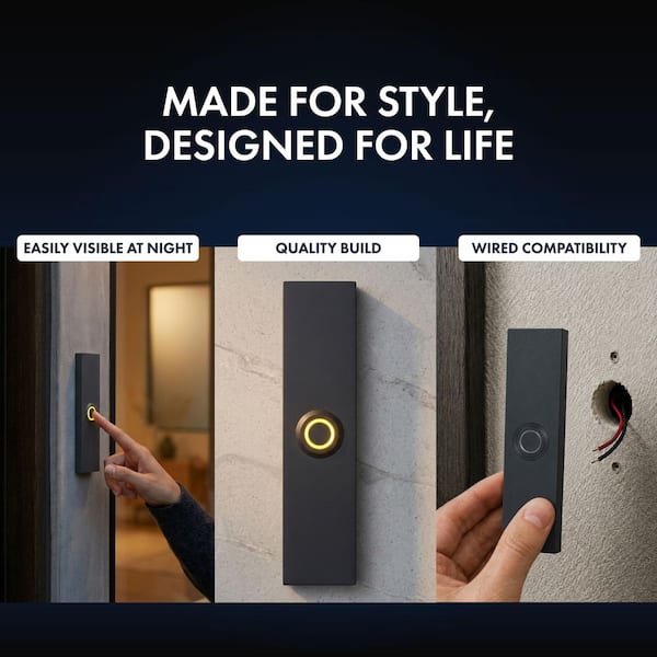 Wired Metal Rectangular Recessed Mount Doorbell Chime Push Button with LED Button Light in Black, Door Bell Button Only