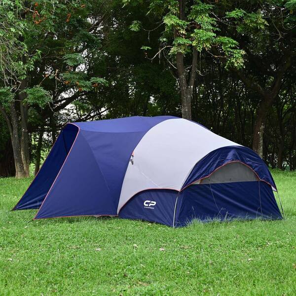 8 Person Camping Tents Weather Resistant Family Tent 5 Large Mesh Windows Double Layer with Porch in Blue