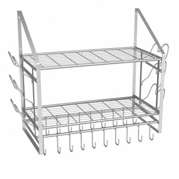 28 in. 2-Tier Wall Mounted Silver Pot Rack with Hooks, Lid Holders, Heavy Duty Cookware Organizer for Kitchen Storage