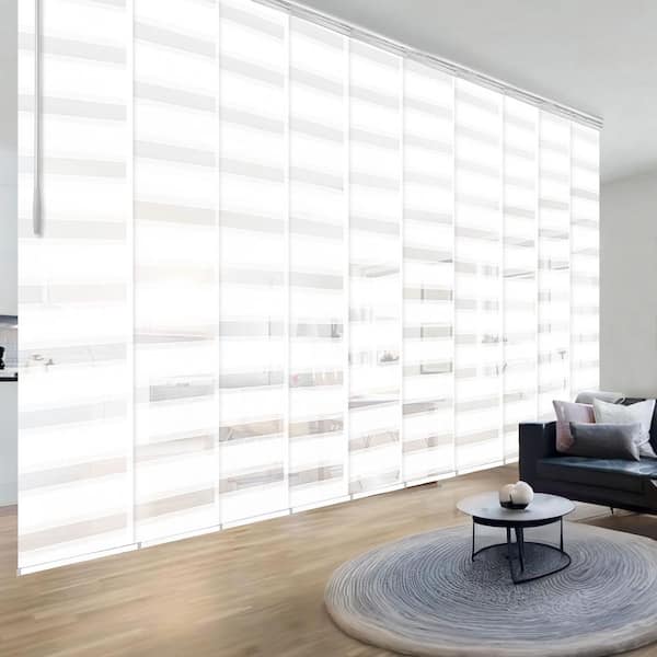 EMOH Spotlight 120 in. - 218 in. W x 116 in. L Adjustable 10-Panel White Double Rail Panel Track with 23.5 in. Slates