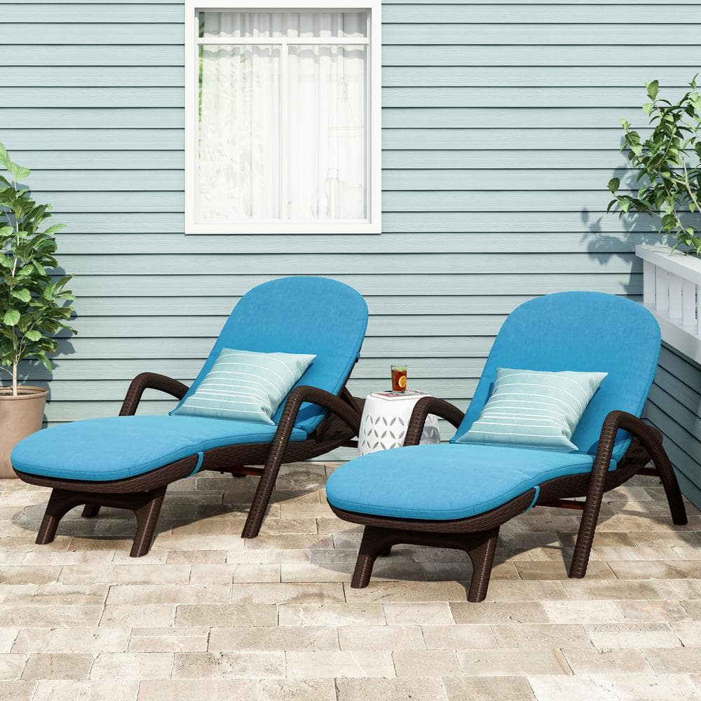 Mikael Dark Brown 2-Piece Faux Rattan Outdoor Patio Chaise Lounge with Blue Cushion -  Noble House, 83963