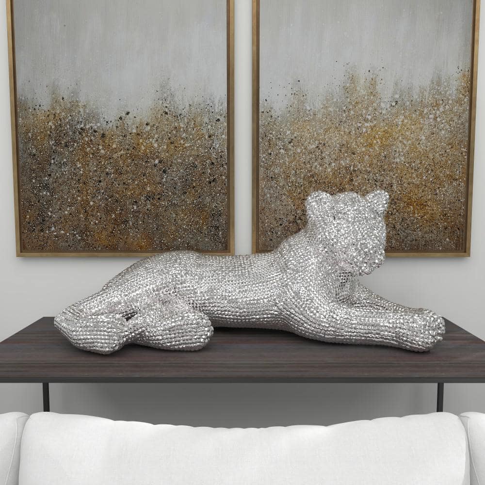 Silver Polystone Glam Leopard Floor Sculpture with Faceted Diamond Texture