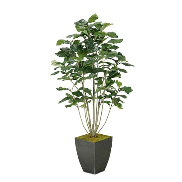 D&W Silks Artificial Indoor Fiddle Leaf Fig Plant in Square Metal Planter