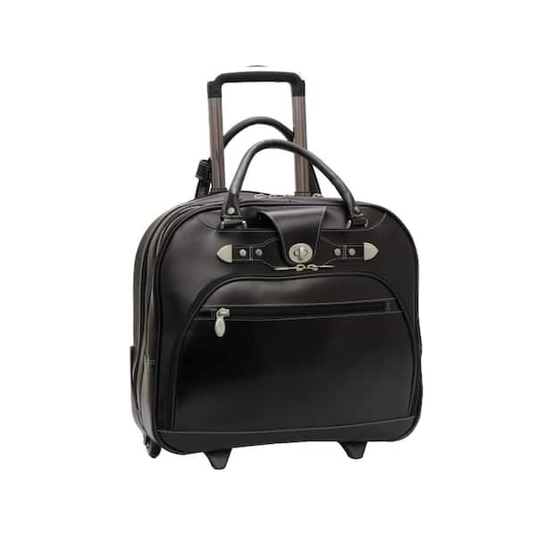 Red Wood 15 in. Black Top Grain Cowhide Leather Wheeled Ladies Laptop Briefcase