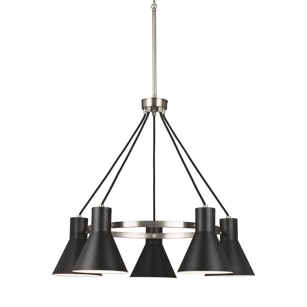 Sleek Brushed Nickel 5-Light Chandelier with Black Steel Shades