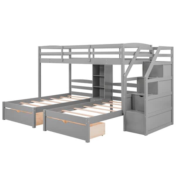 Nestfair Gray Wood Twin over Twin&Twin Triple Bunk Bed with Drawers ...