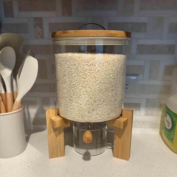 5 Liter Glass Dry Food Dispensers with Wood Base Stand and Airtight Lid for Kitchen Organization and Pantry Store