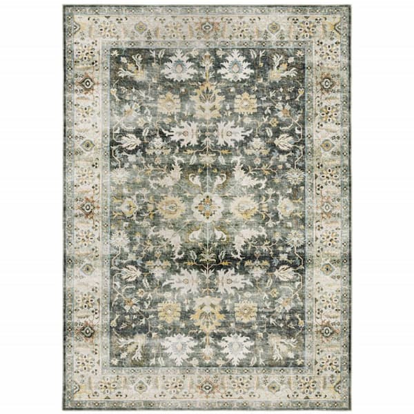 Grey Charcoal Gold Brown Ivory Pale Sage and Light Blue 2 ft. x 3 ft. Oriental Area Rug