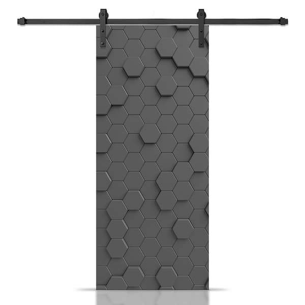 CALHOME 36 in. x 80 in. Artisan Print Series Gray Hexagons MDF Modern Interior Sliding Barn Door with Hardware Kit