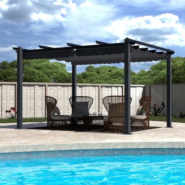 VEIKOUS 10 ft. x 13 ft. Dark Grey Aluminum Outdoor Patio Pergola with Retractable Sun Shade Canopy Cover