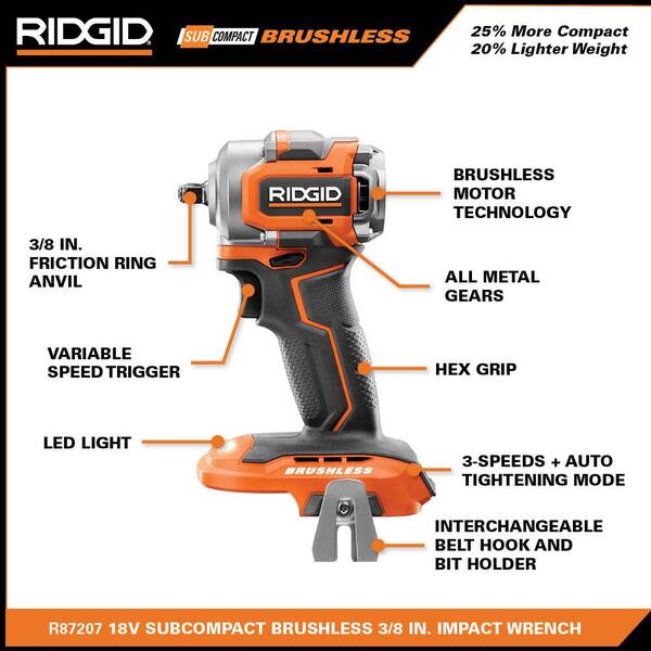 RIDGID - 18V SubCompact Brushless Cordless 3/8 in. Impact Wrench and 1/2 in. Impact Wrench Kit (Tools-Only)
