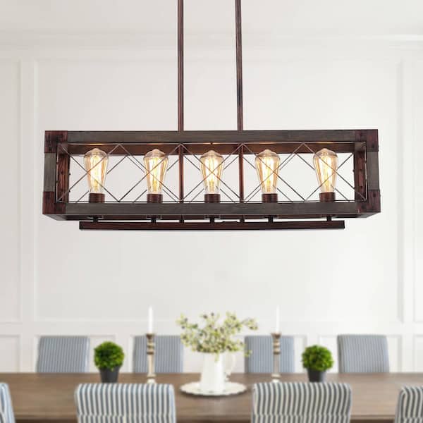 5-Light Red Industrial Rectangular Hanging Linear Island Chandelier Lighting for Kitchen Island