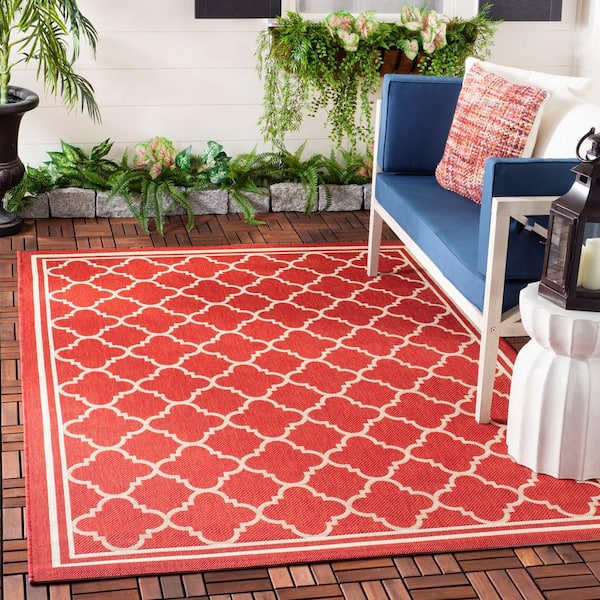 Courtyard Red/Bone 8 ft. x 11 ft. Geometric Indoor/Outdoor Patio  Area Rug