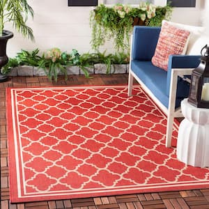 Courtyard Red/Bone 8 ft. x 8 ft. Square Geometric Indoor/Outdoor Patio  Area Rug