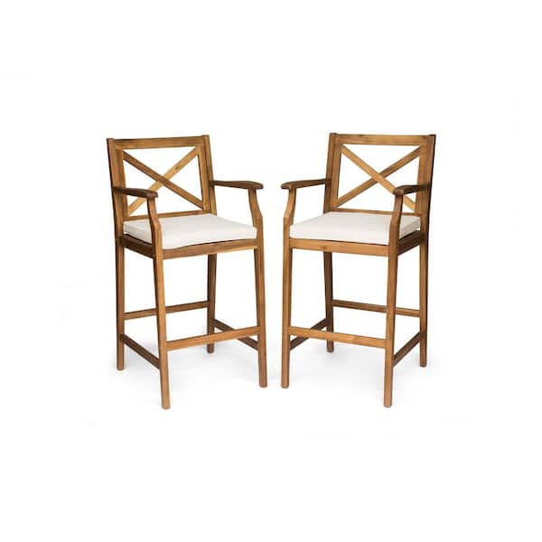 2-Piece Brown Acacia Wood Outdoor Bar Stool with Beige Cushions