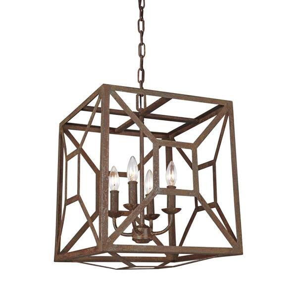 Generation Lighting Marquelle 4-Light Weathered Iron Rustic Industrial Hanging Cage Candlestick Chandelier