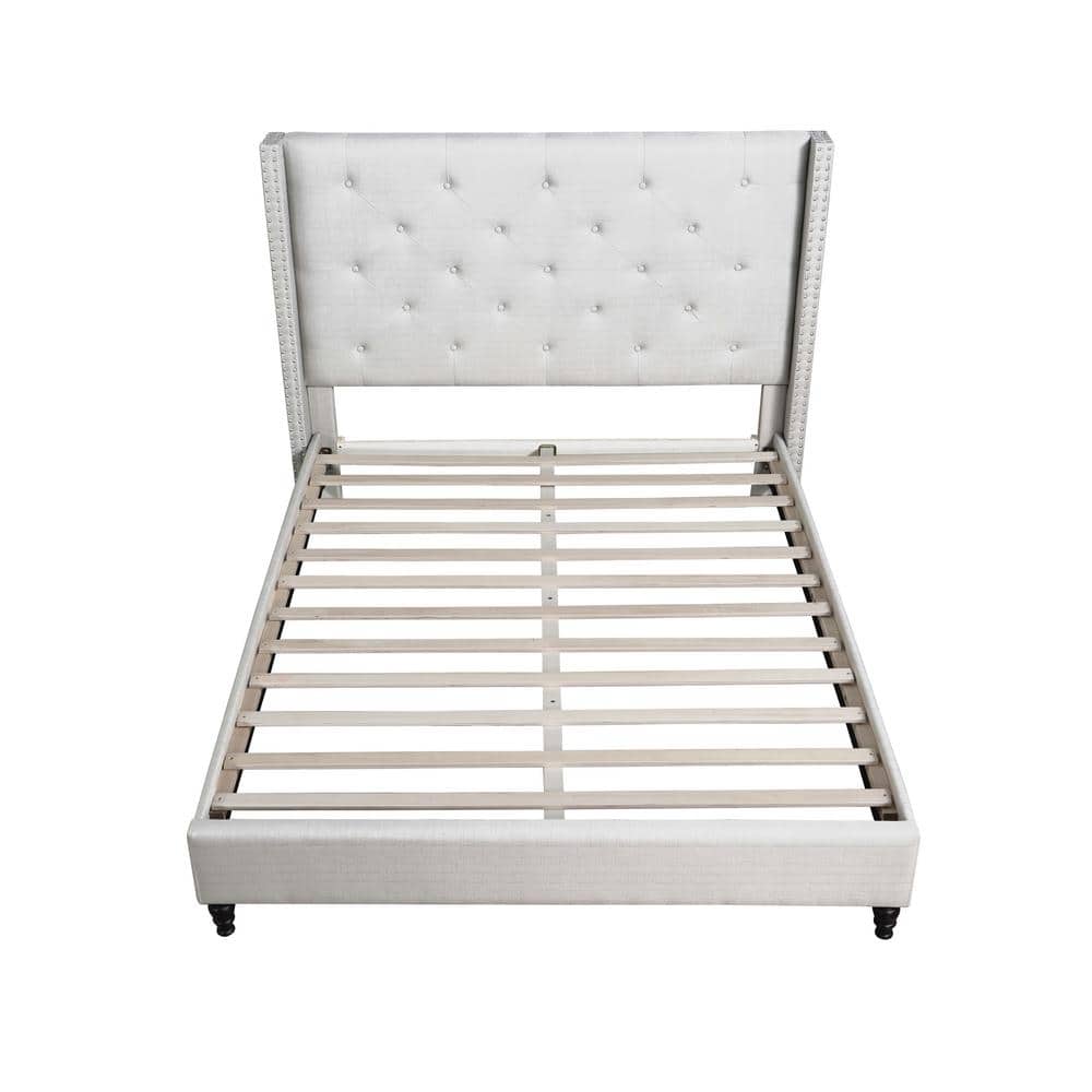 Valentina Linen-Blend Tufted Wingback Full Bed with Nailhead Trim in Beige