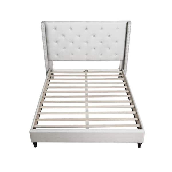 Best Master Furniture London Beige Full Upholstered Linen Blend Wingback Platform Bed