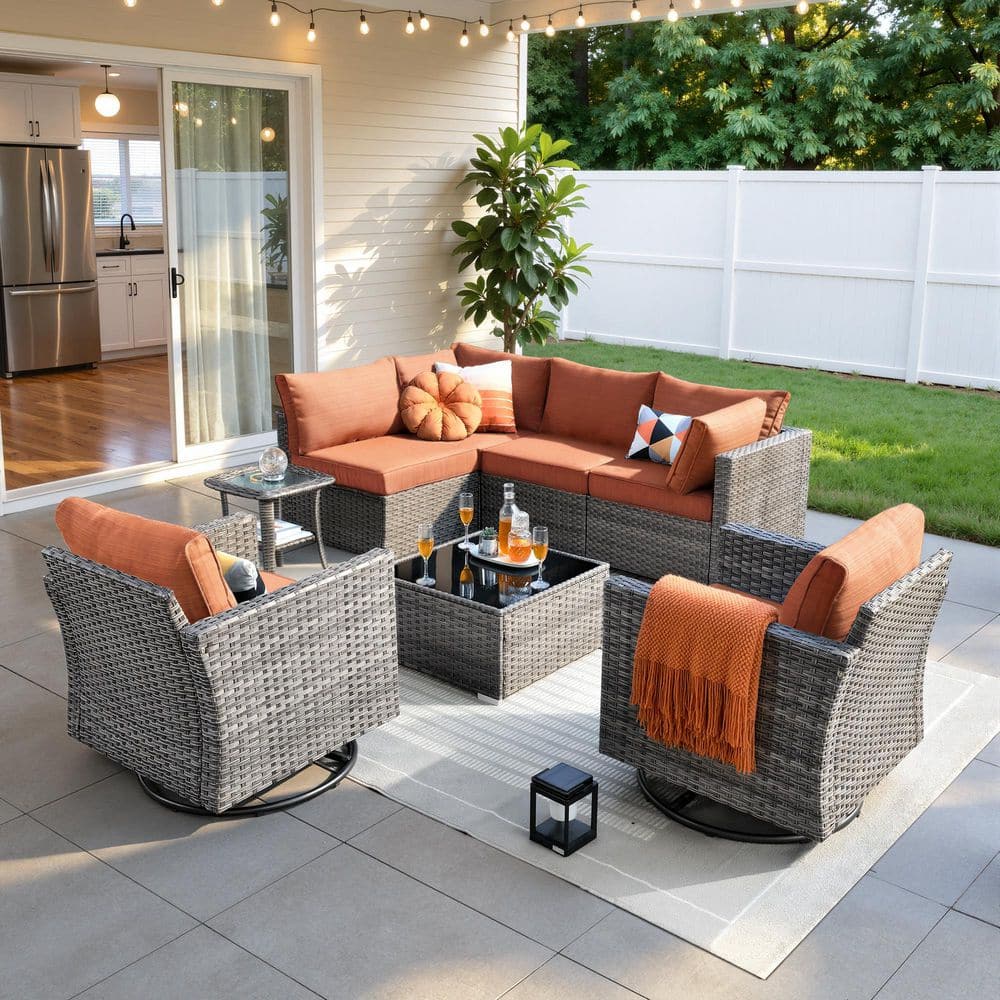 Messi Gray 8-Piece Wicker Outdoor Patio Conversation Sofa Set with Swivel Chairs and Brick Red Cushions price history on PriceWatchPro