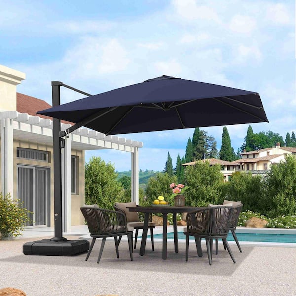 PURPLE LEAF 10 ft. Square Large Outdoor Aluminum Cantilever 360-Degree Rotation Patio Umbrella with Base, Navy Blue