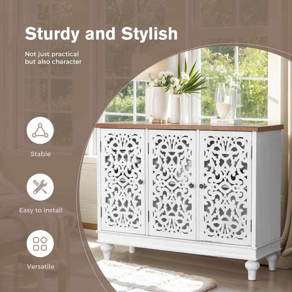 White 3-Door Carved Wood Sideboard with Adjustable Shelving