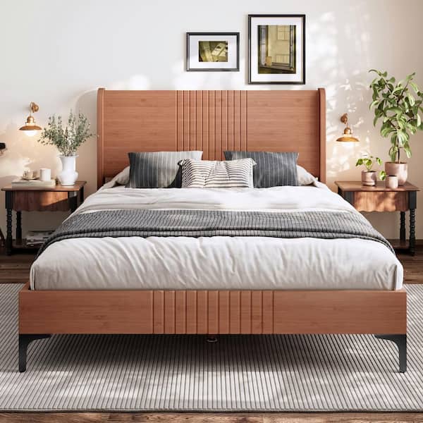 Natural/Brown Bamboo Frame Full Size Platform Bed with Bamboo-Made Structure,Headboard,Round Corner Design
