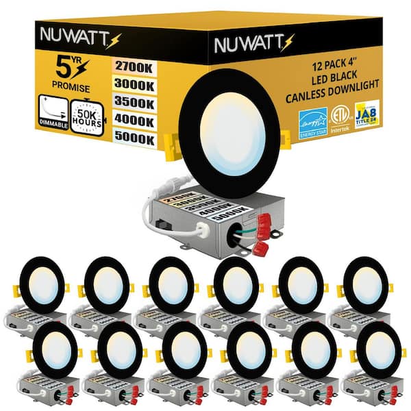 4 in. Black Trim 5CCT 27K-50K Ultra Thin Canless New Construction IC Rated Integrated LED Recessed Lighting Kit 12 Pack