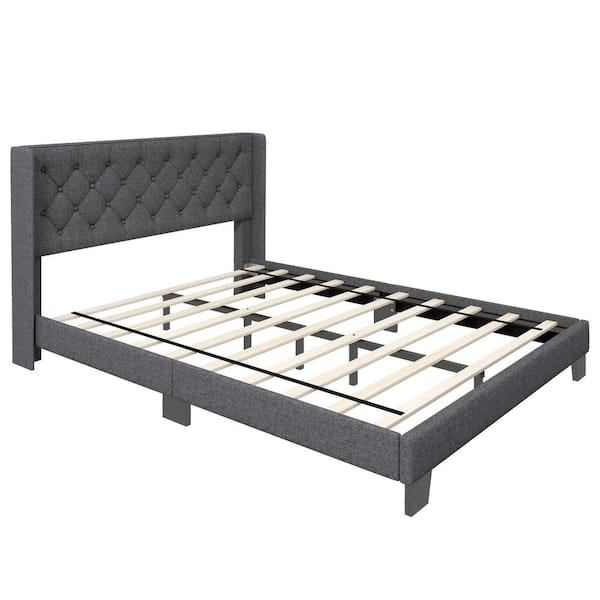 Costway Gray Wood Frame Queen Size Upholstered Platform Bed Tufted Headboard Mattress Foundation