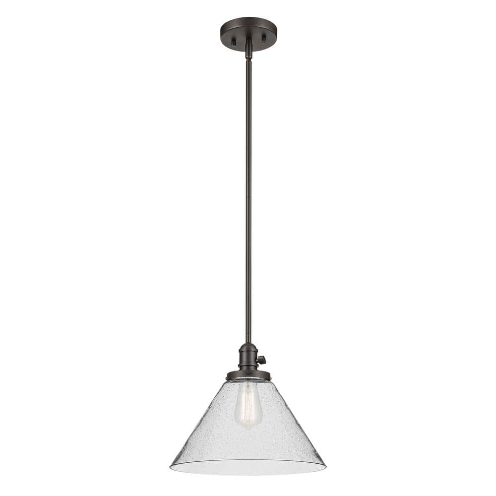 Avery 14 in. 1-Light Olde Bronze Vintage Industrial Shaded Cone Kitchen Hanging Pendant Light with Clear Seeded Glass price history on PriceWatchPro