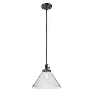 Avery 14 in. 1-Light Olde Bronze Vintage Industrial Shaded Cone Kitchen Hanging Pendant Light with Clear Seeded Glass