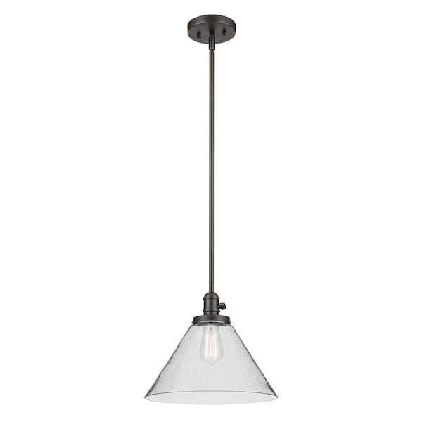 KICHLER Avery 14 in. 1-Light Olde Bronze Vintage Industrial Shaded Cone Kitchen Hanging Pendant Light with Clear Seeded Glass