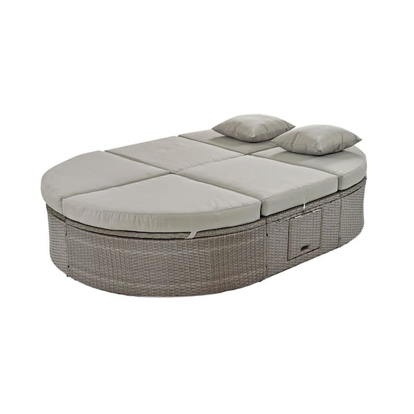 Unbranded 2-Person Gray Metal Outdoor Day Bed with Cushions, Pillow, Adjustable Backrest and Foldable Cup Trays for Lawn, Poolside
